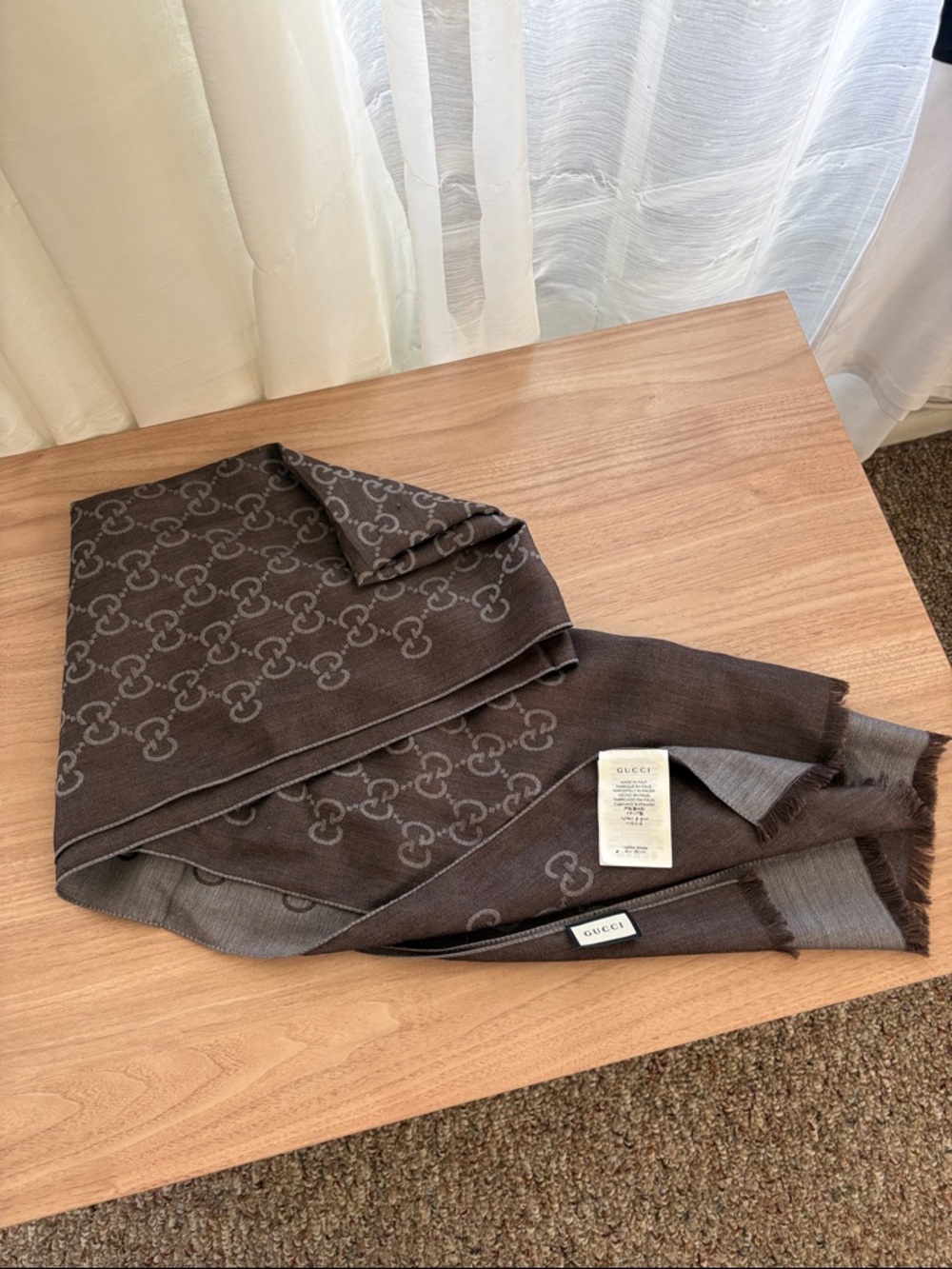 Gucci Brown Double-G Monogram Wool Scarf